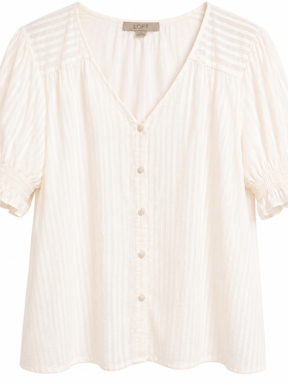 LOFT Cream White Striped V-Neck Button Blouse